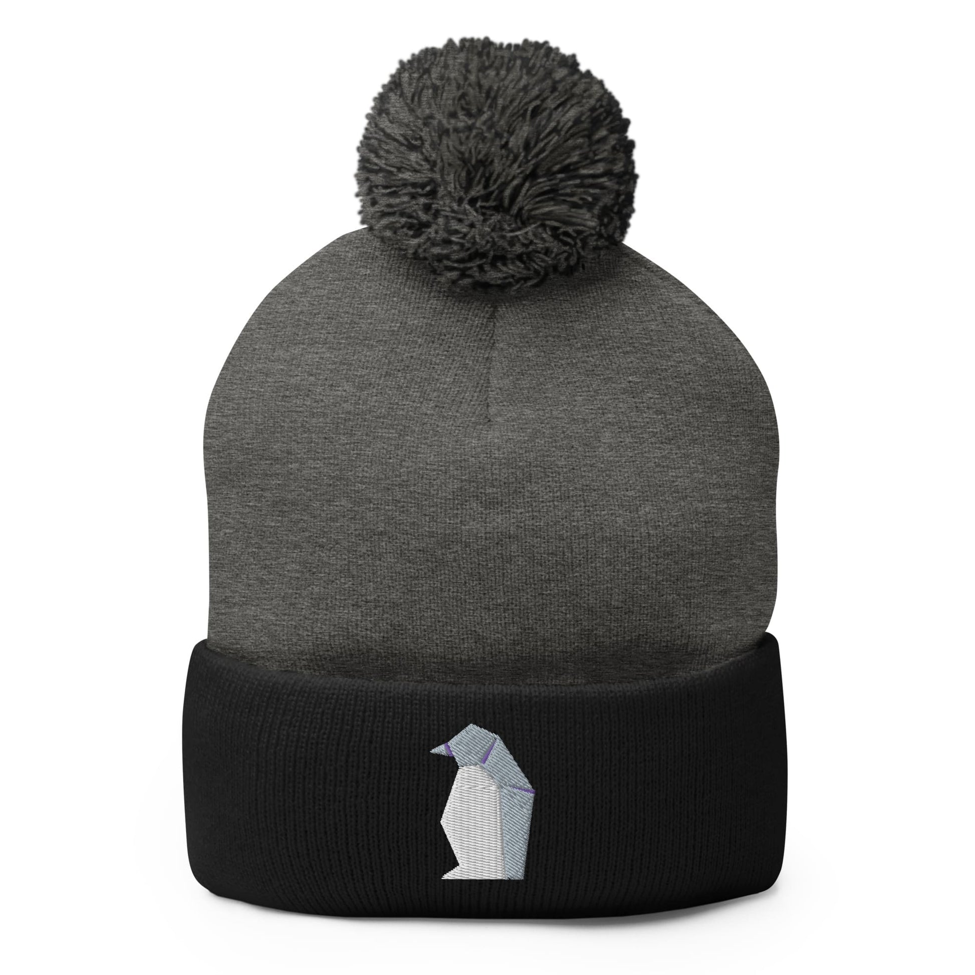 "Origami Penguin" Pom-Pom Beanie (Winter Hat) Dark Heather Grey/ Black