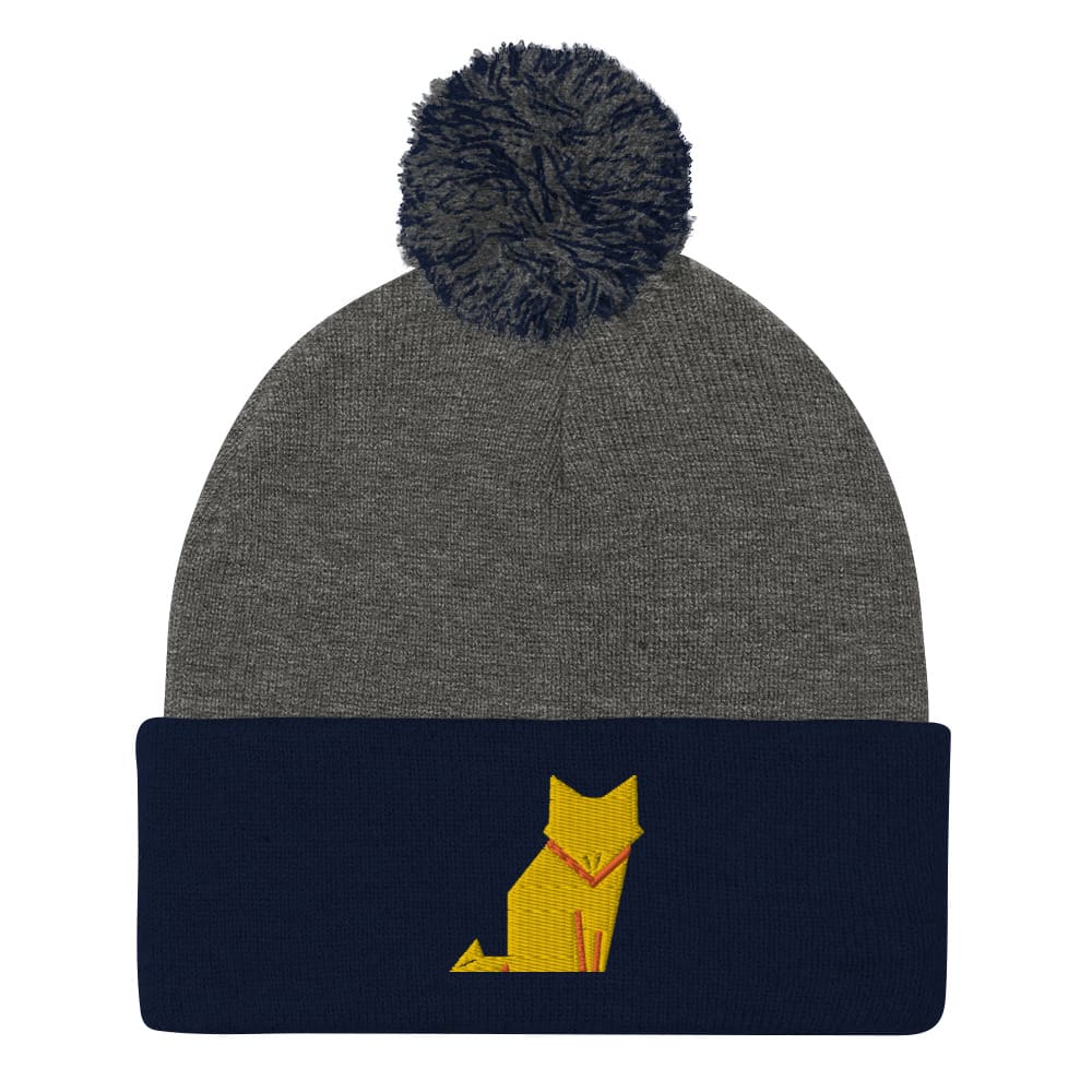 “Origami Cat” Pom-Pom Beanie (Winter Hat) Dark Heather Grey/ Navy