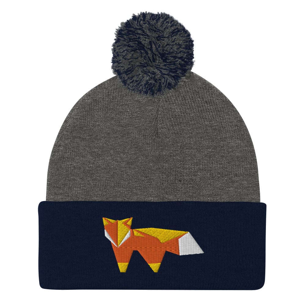 “Origami Fox” Pom-Pom Beanie (Winter Hat) Dark Heather Grey/ Navy