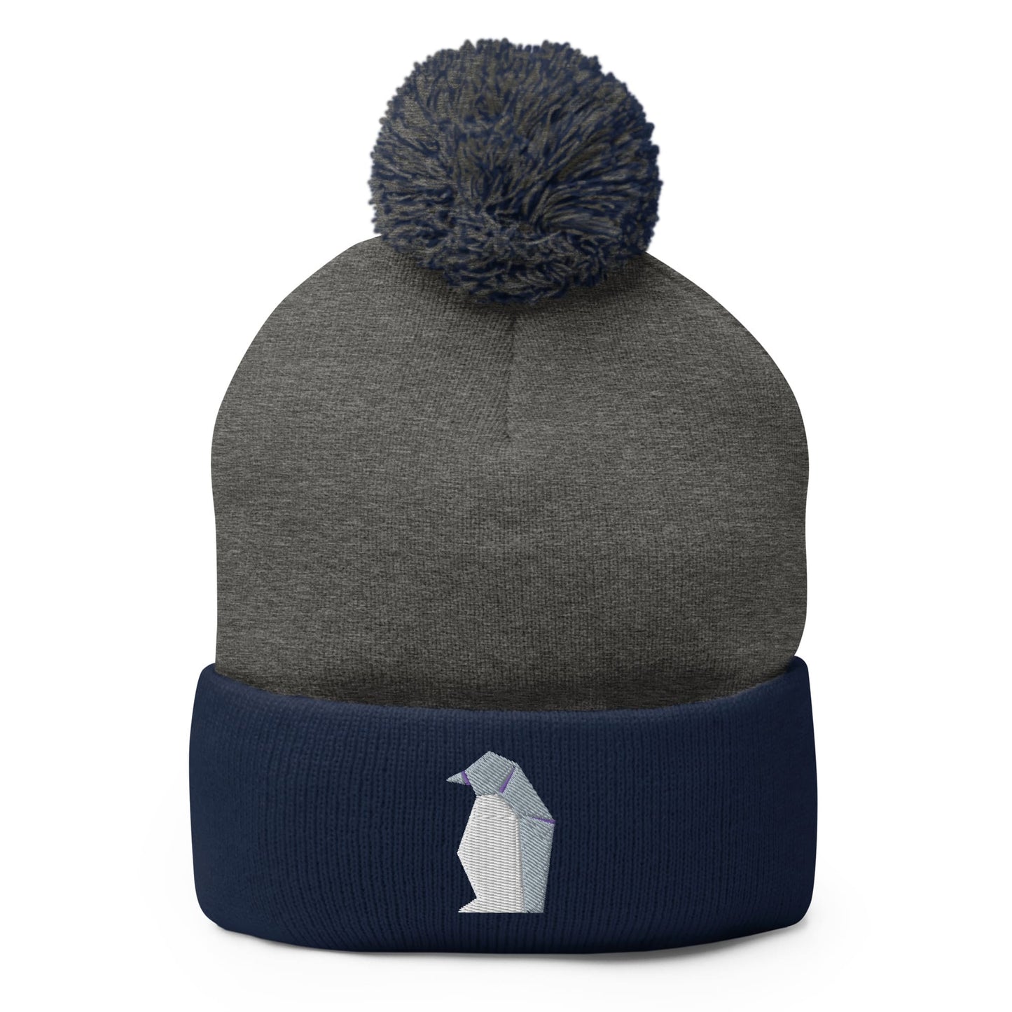 "Origami Penguin" Pom-Pom Beanie (Winter Hat) Dark Heather Grey/ Navy