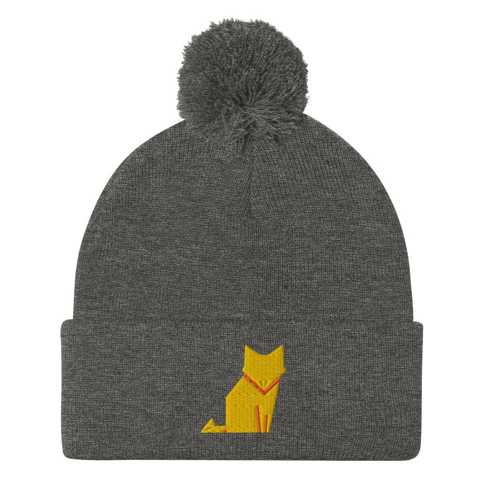 “Origami Cat” Pom-Pom Beanie (Winter Hat) Dark Heather Grey