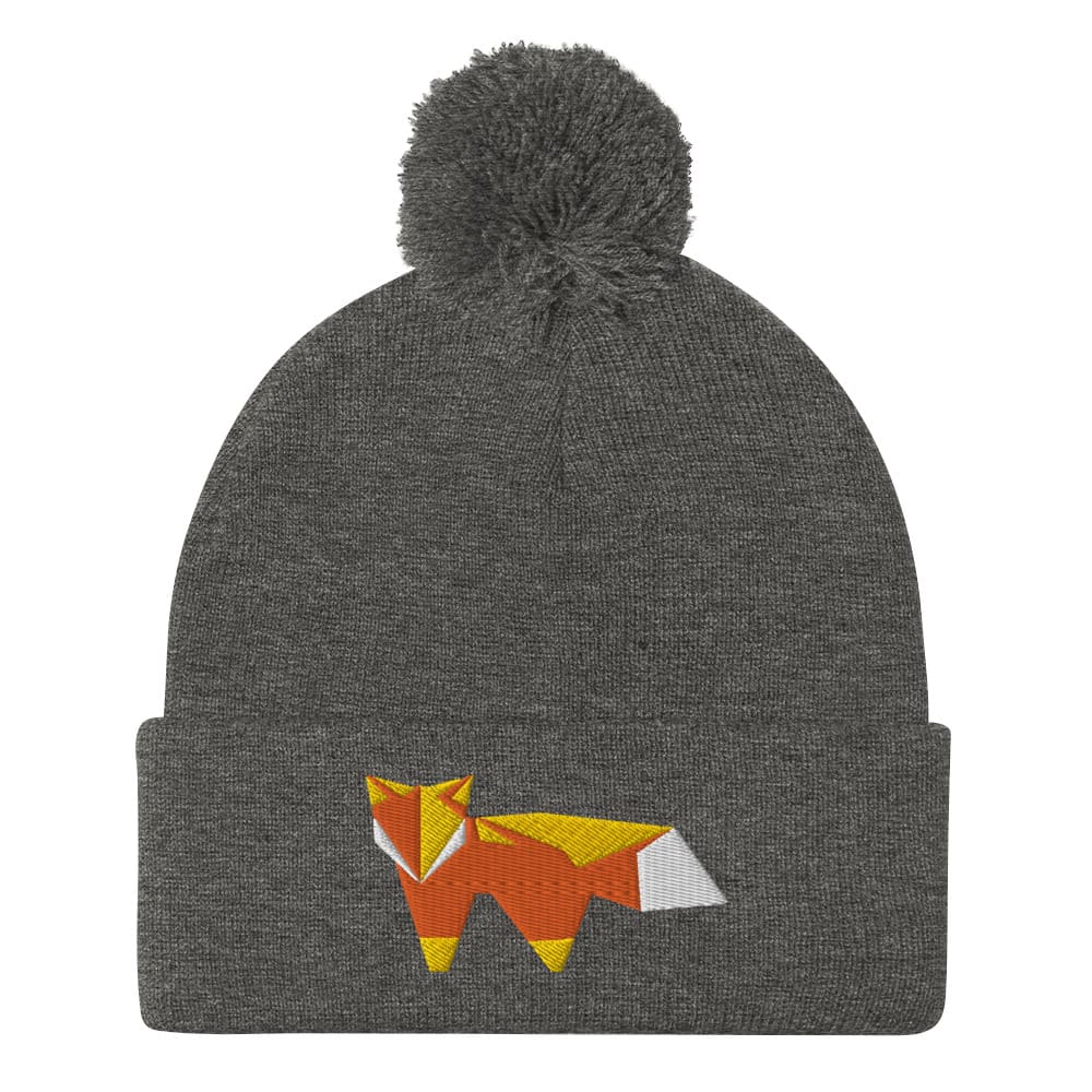 “Origami Fox” Pom-Pom Beanie (Winter Hat) Dark Heather Grey