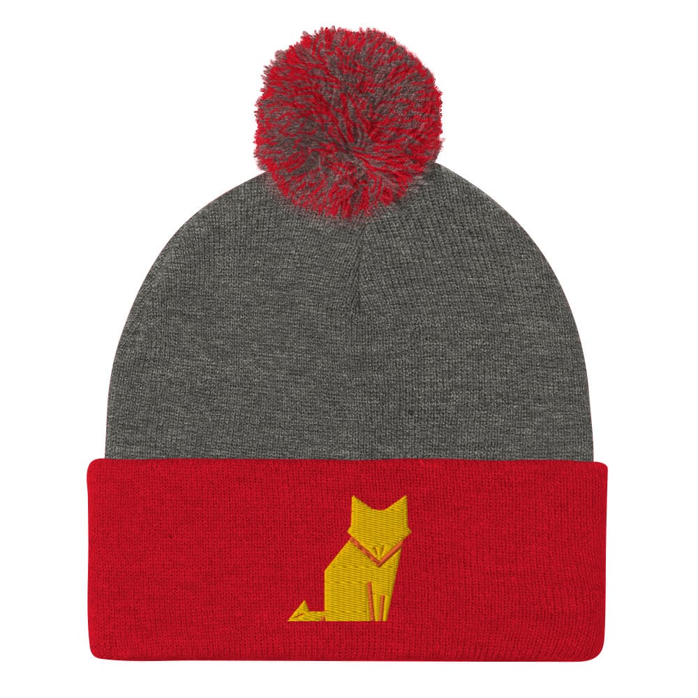 “Origami Cat” Pom-Pom Beanie (Winter Hat) Dark Heather Grey/ Red