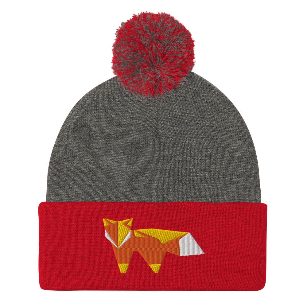 “Origami Fox” Pom-Pom Beanie (Winter Hat) Dark Heather Grey/ Red