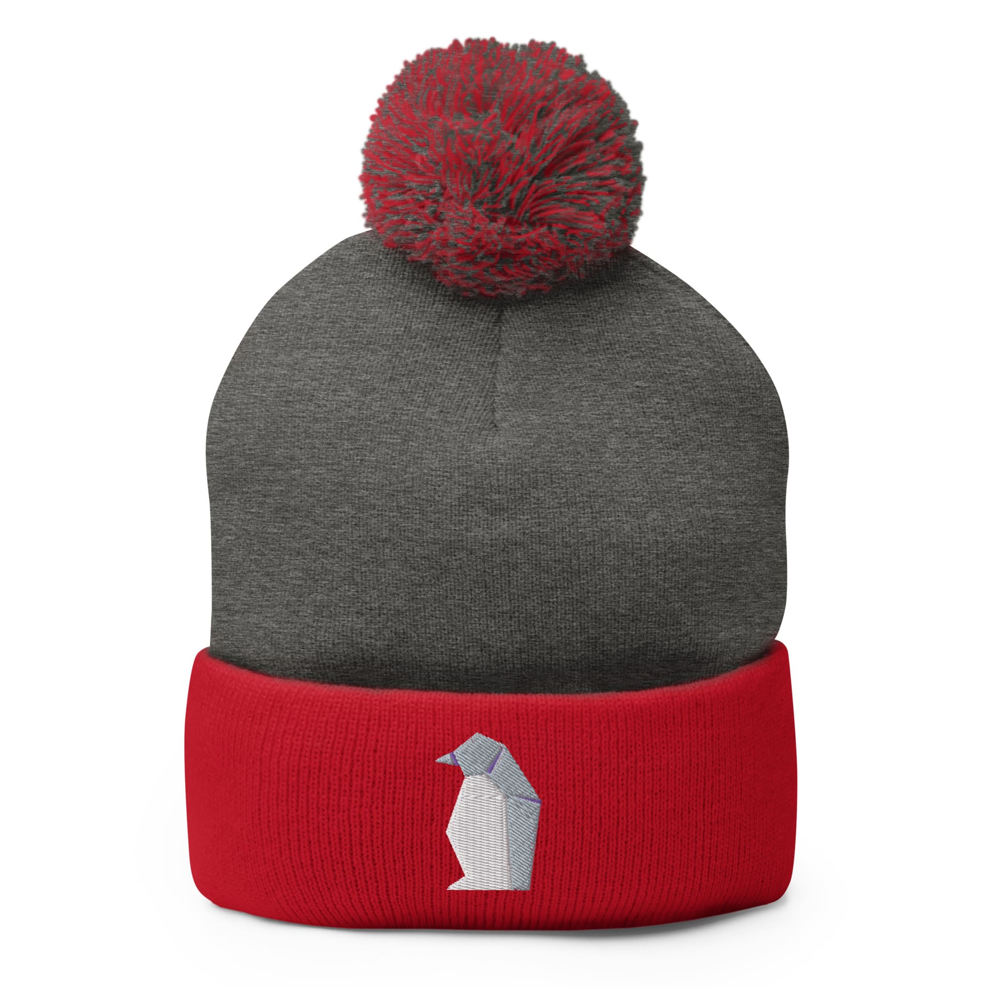 "Origami Penguin" Pom-Pom Beanie (Winter Hat) Dark Heather Grey/ Red