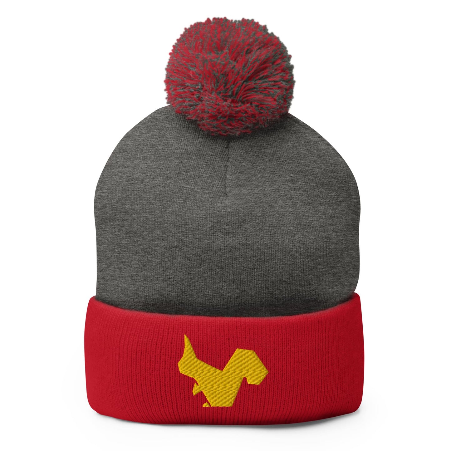 "Origami Squirrel" Beanie with Pom-Pom (Winter Hat) Dark Heather Grey/ Red