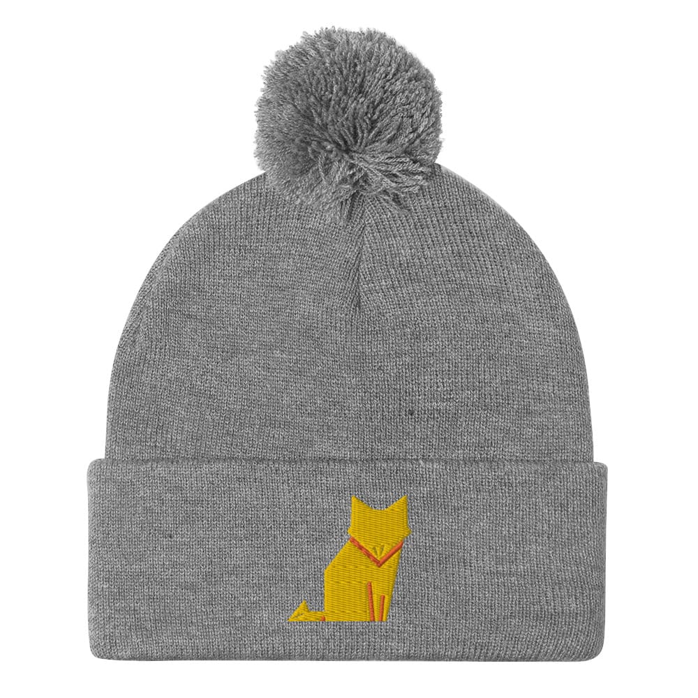 “Origami Cat” Pom-Pom Beanie (Winter Hat) Heather Grey