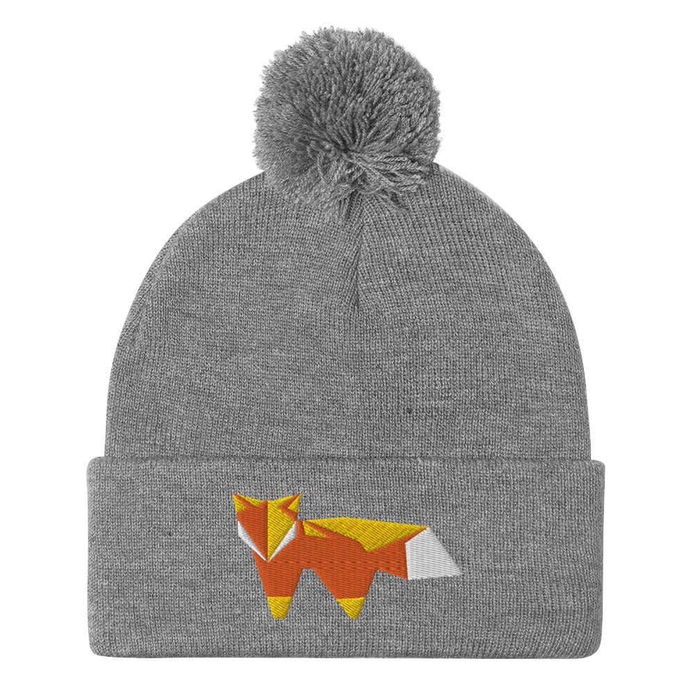 “Origami Fox” Pom-Pom Beanie (Winter Hat) Heather Grey