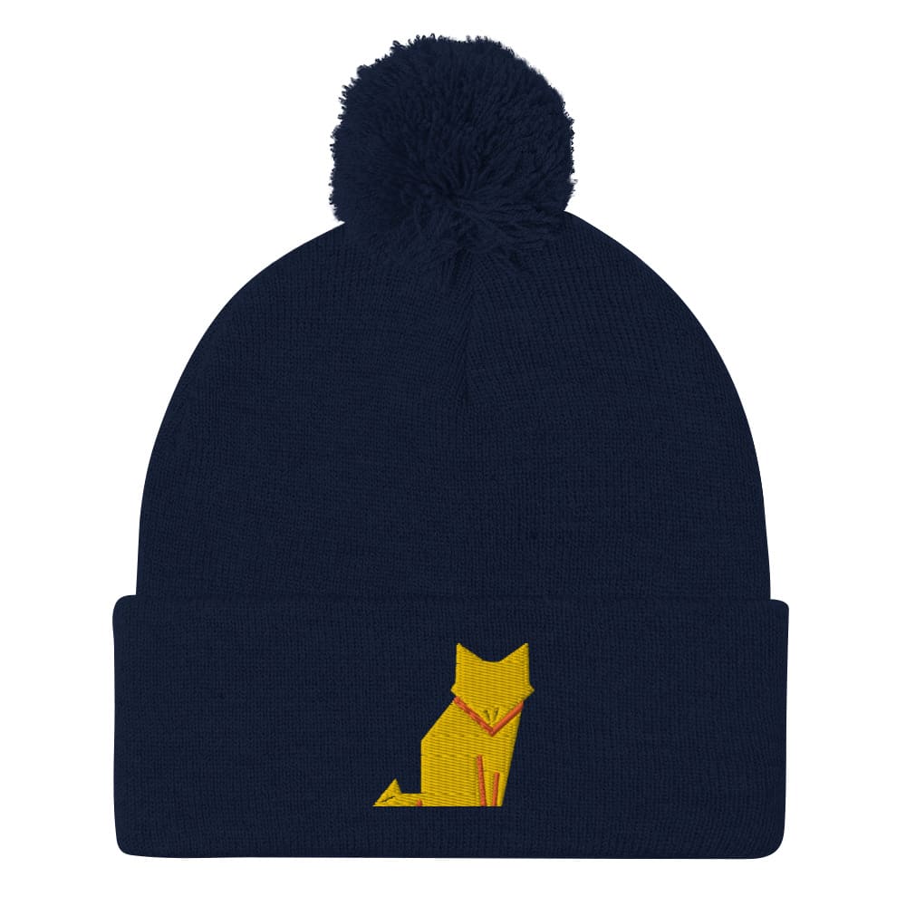 “Origami Cat” Pom-Pom Beanie (Winter Hat) Navy