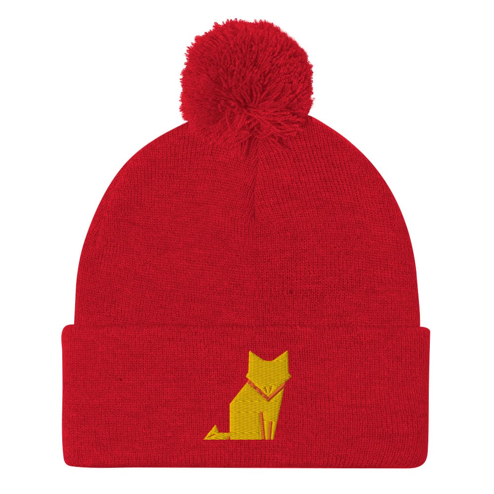 “Origami Cat” Pom-Pom Beanie (Winter Hat) Red