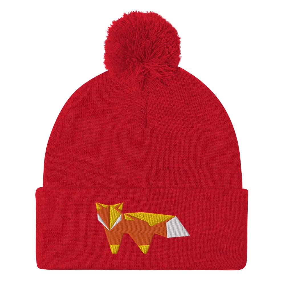 “Origami Fox” Pom-Pom Beanie (Winter Hat) Red