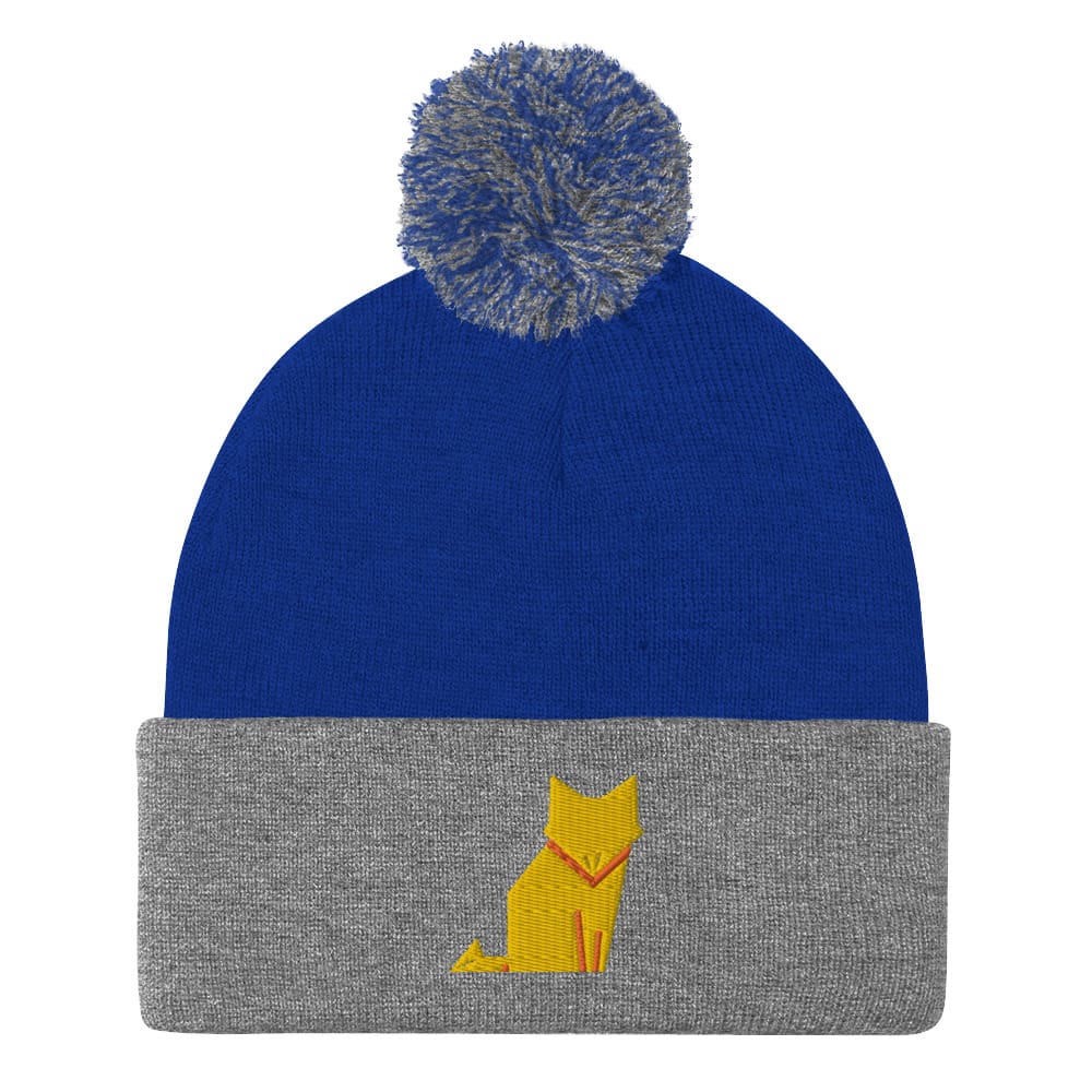 “Origami Cat” Pom-Pom Beanie (Winter Hat) Royal/ Heather Grey