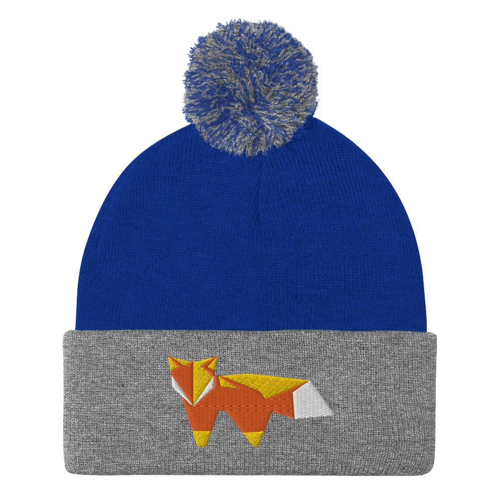 “Origami Fox” Pom-Pom Beanie (Winter Hat) Royal/ Heather Grey